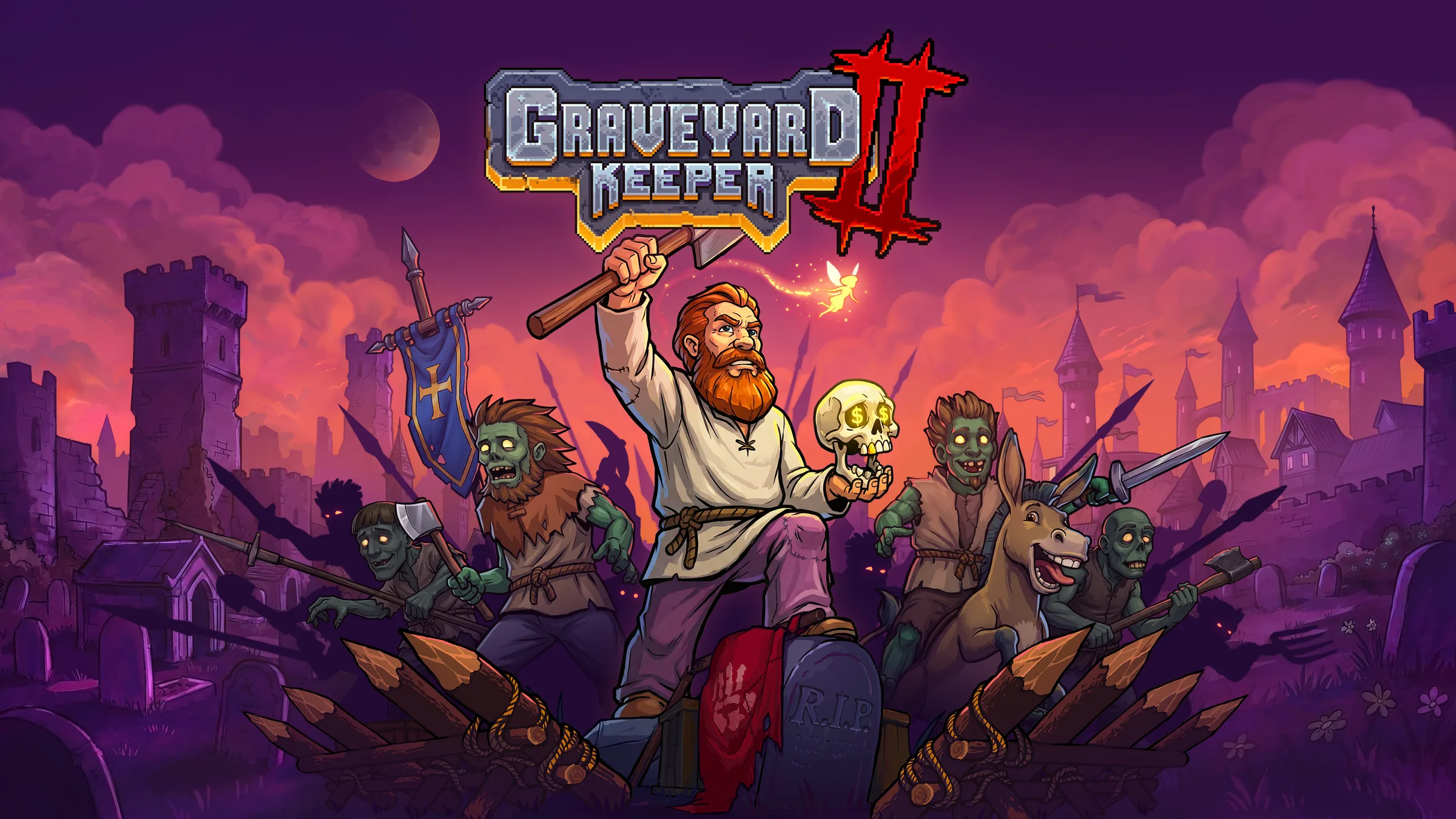 Official Graveyard Keeper 2 key art with the Keeper, zombies, a castle, and a purple sunset